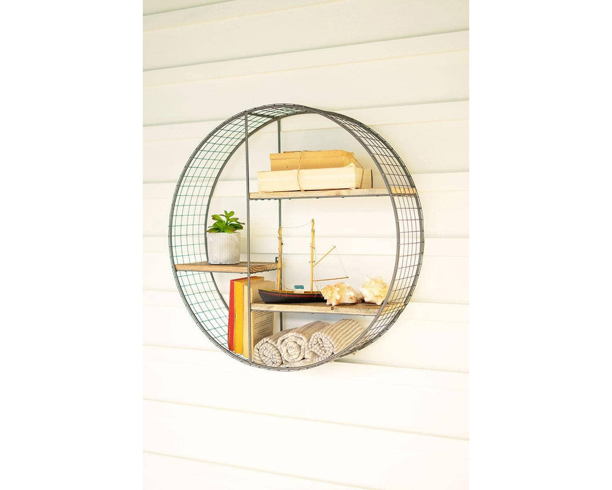 Round Wire Mesh and Recycled Wooden Hanging Wall Shelf Decor, Home Decor Housewarming Gift for Her