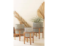Set of 3 Woven Metal Planters with Wood Stands, Indoor Flower Pot Home Decor Housewarming Gift for Her