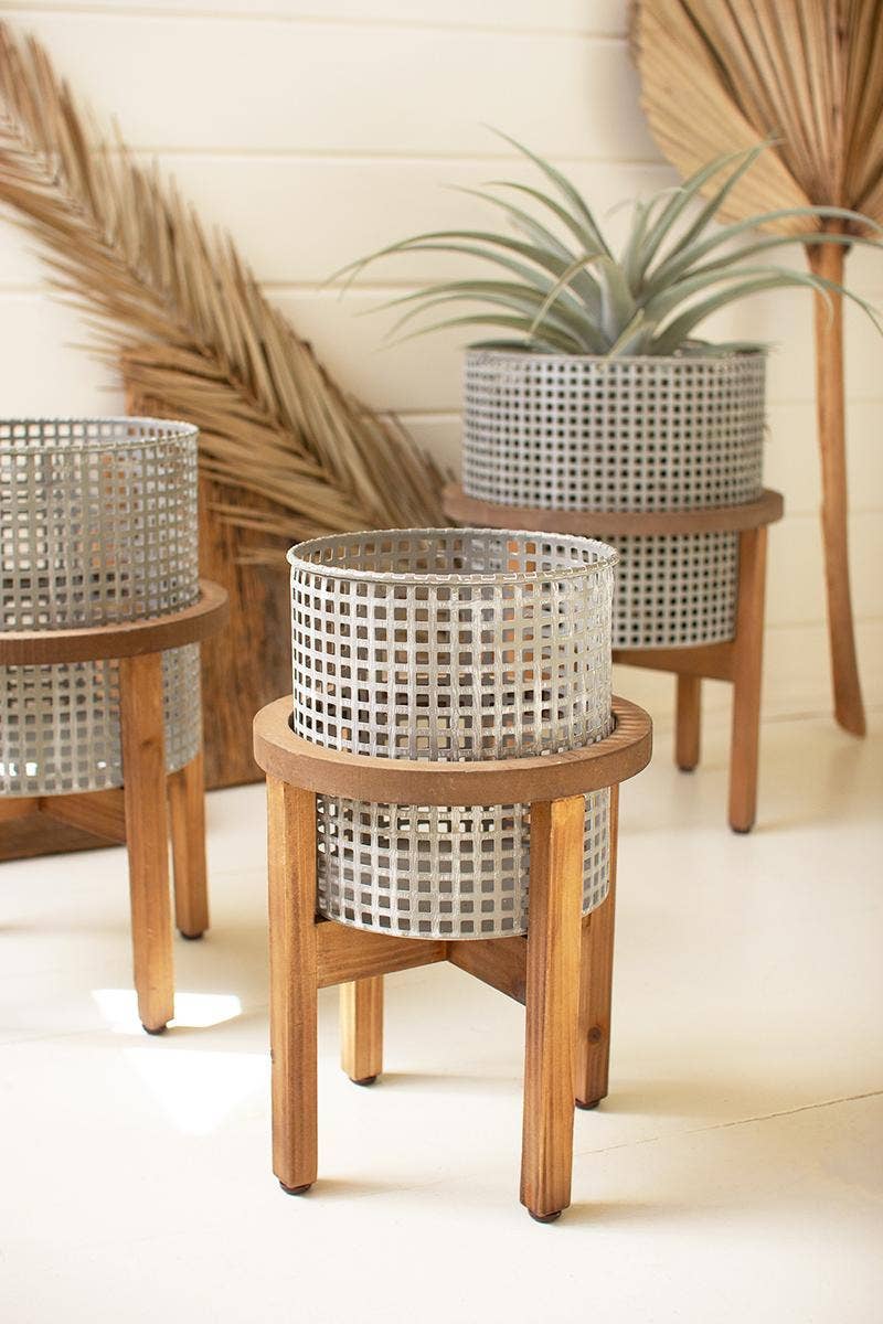 Set of 3 Woven Metal Planters with Wood Stands, Indoor Flower Pot Home Decor Housewarming Gift for Her