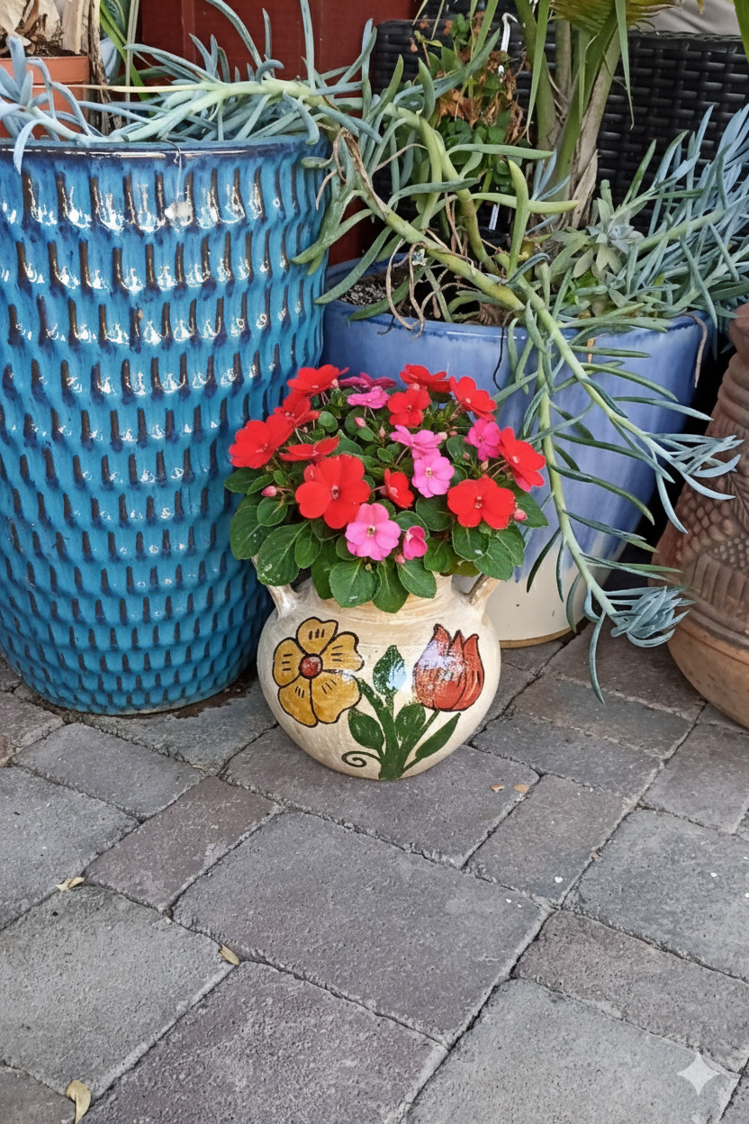 Planter Pot with Handles, Ceramic Flower Pot, Handmade Mexican Pottery from Atzompa, Mexico, Indoor Outdoor Home Decor, Charming Plant Pot