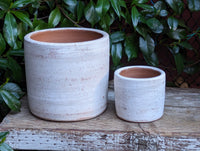 Concrete White-Washed Terracotta Cylinder Planters, Set of 2 Flower Pots from Nicaragua