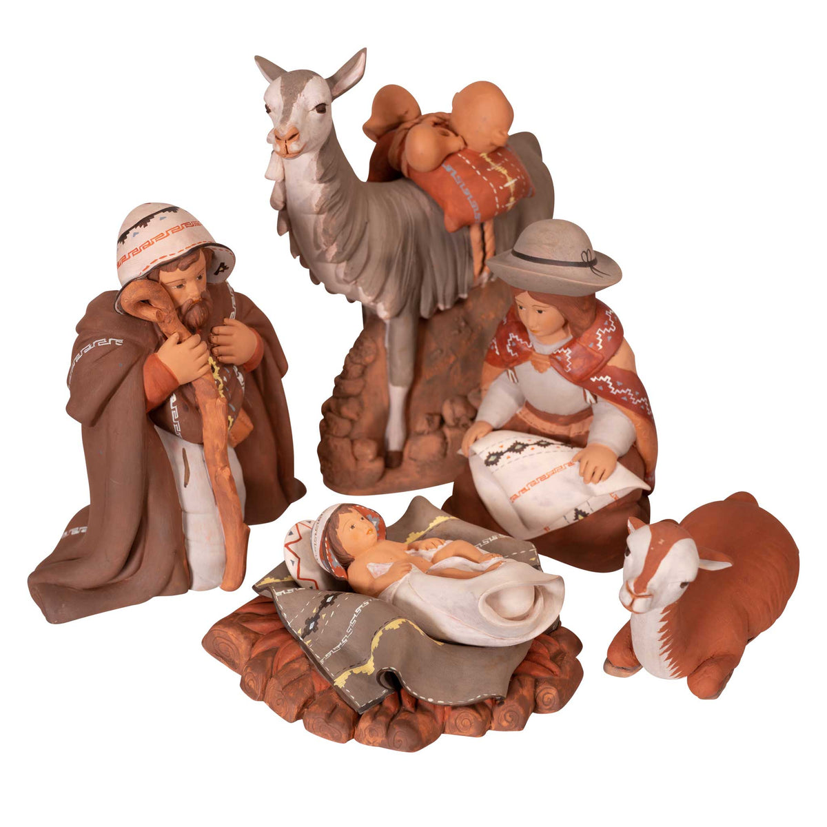 Holy Family and Llama, Fine Ceramic Nativity Set of 5 Christmas Decor