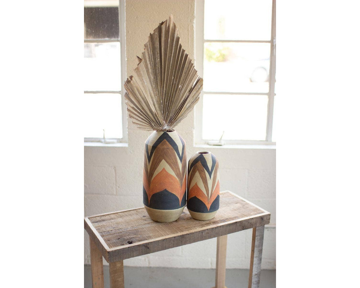 Set of 2 Hand Painted Tan and Brown Decorative Ceramic Vases for Dried or Fresh Flowers, Indoor Home Decor