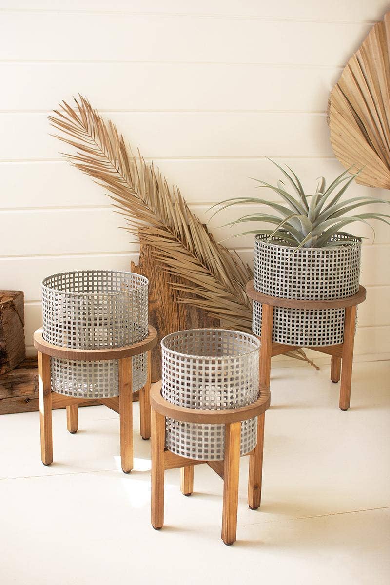 Set of 3 Woven Metal Planters with Wood Stands, Indoor Flower Pot Home Decor Housewarming Gift for Her