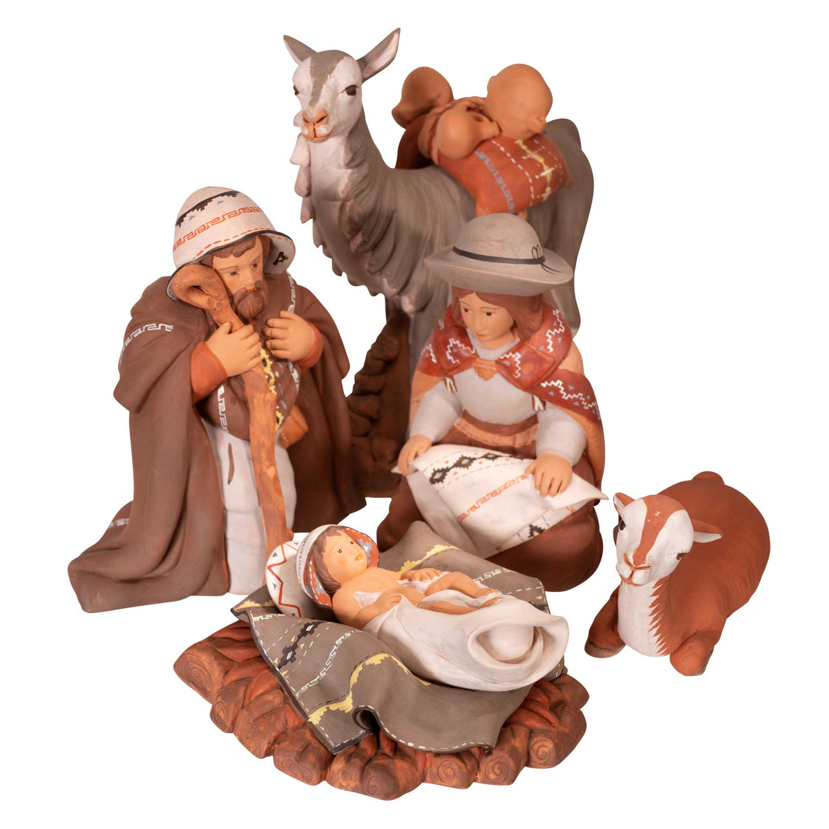 Holy Family and Llama, Fine Ceramic Nativity Set of 5 Christmas Decor
