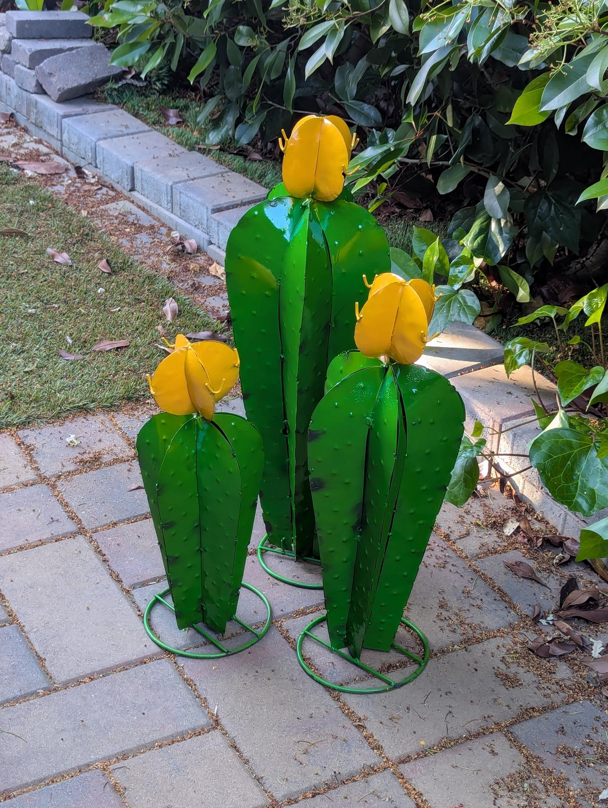 Cactus Family Garden Decor of 3 Cactus Decorations for Your Yard | Hand Painted Lifelike Metal Cactus, Mexican Yard Art, Sizes = 17"-27"
