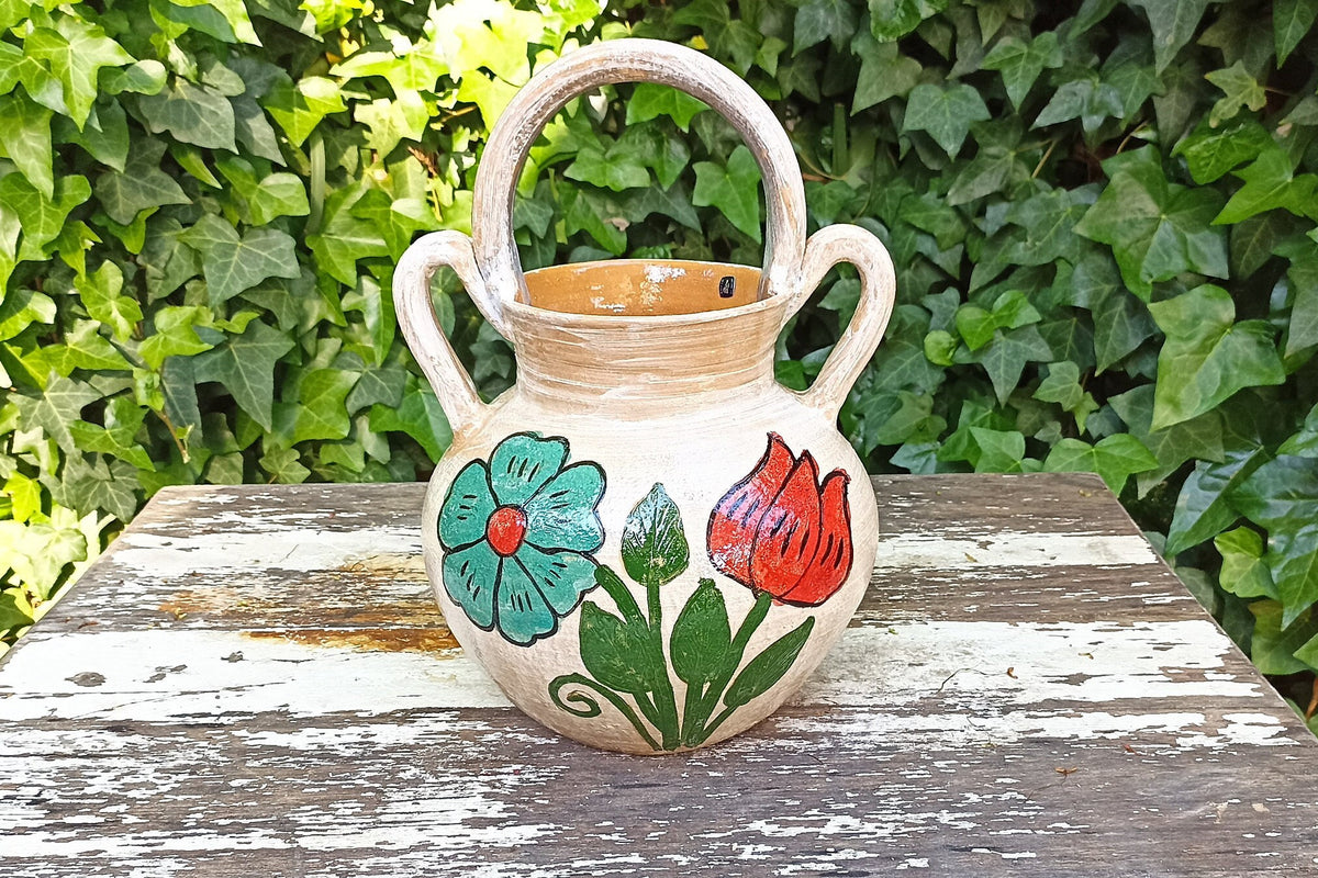 Planter+ Handles, Ceramic Flower Pot, Handmade Mexican Pottery from Atzompa, Mexico, Home Decor, Indoor or Outdoor Decor, Charming Plant Pot