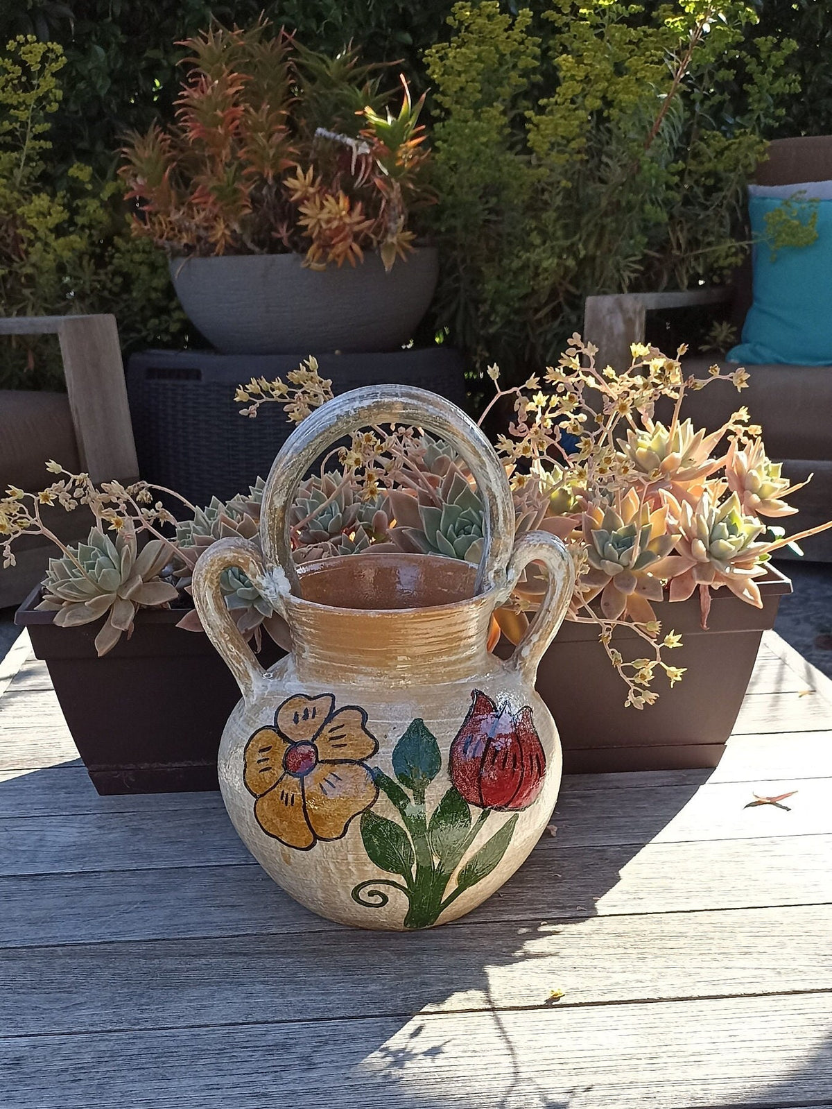 Planter+ Handles, Ceramic Flower Pot, Handmade Mexican Pottery from Atzompa, Mexico, Home Decor, Indoor or Outdoor Decor, Charming Plant Pot