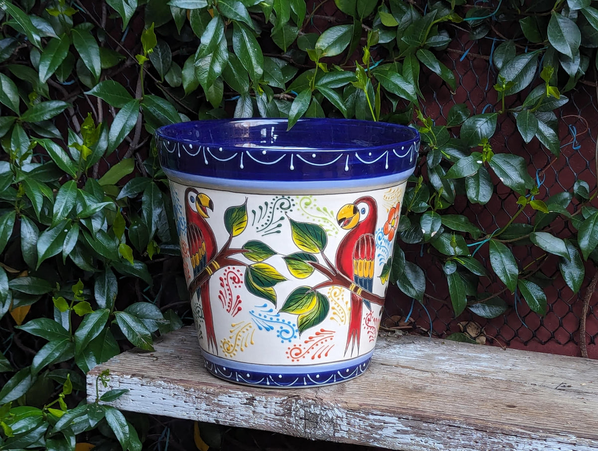 Parrots Flower Pot | 10.5" Round Ceramic Planter is Handmade Talavera Pottery - Use as Outdoor Garden Decor, Indoor Home Decor, Centerpiece