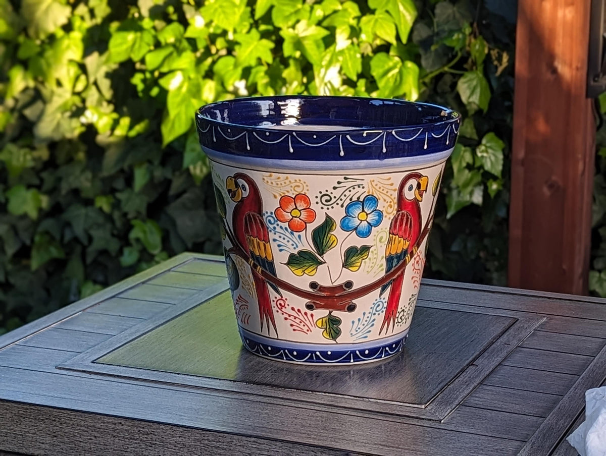 Parrots Flower Pot | 10.5" Round Ceramic Planter is Handmade Talavera Pottery - Use as Outdoor Garden Decor, Indoor Home Decor, Centerpiece