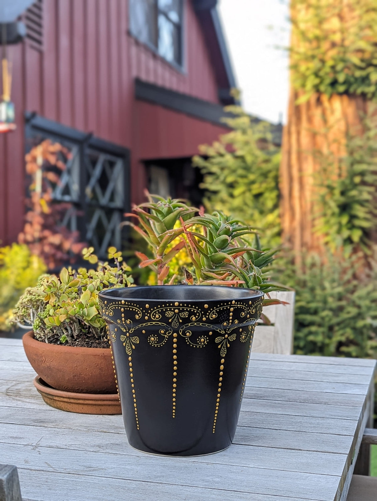Black & Gold Flower Pot | 10.5" Round Ceramic Planter is Handmade Talavera Pottery for Outdoor Garden Decor, Indoor Home Decor, Centerpiece