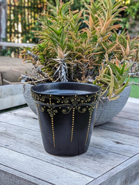 Black & Gold Flower Pot | 10.5" Round Ceramic Planter is Handmade Talavera Pottery for Outdoor Garden Decor, Indoor Home Decor, Centerpiece