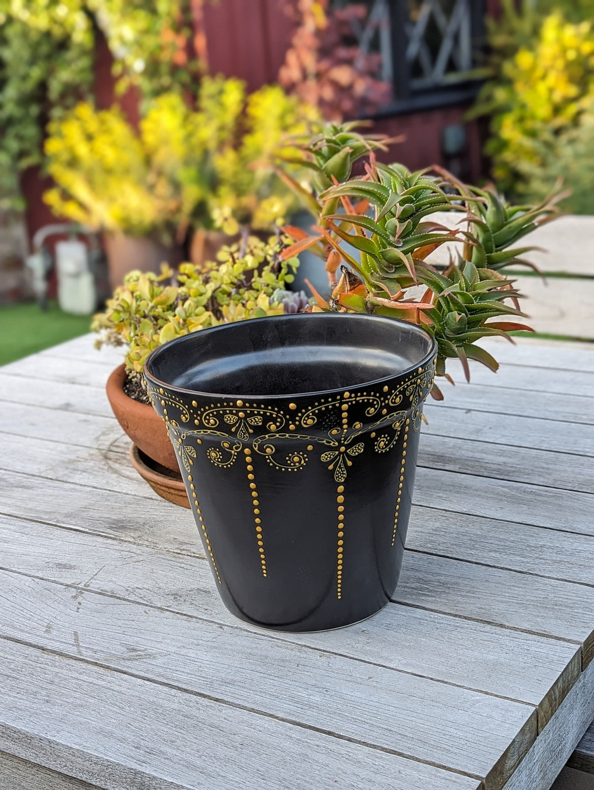 Black & Gold Flower Pot | 10.5" Round Ceramic Planter is Handmade Talavera Pottery for Outdoor Garden Decor, Indoor Home Decor, Centerpiece