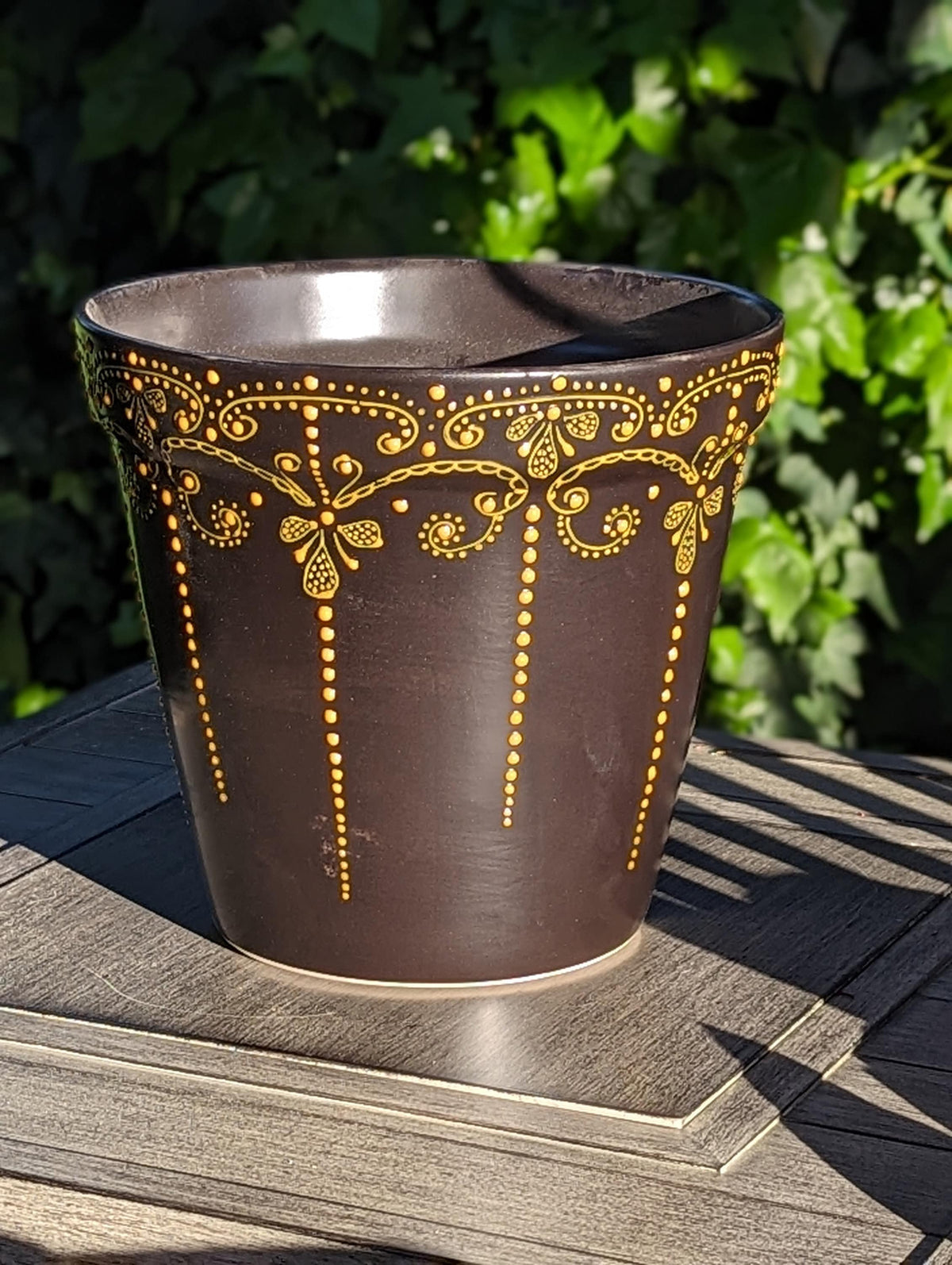 Black & Gold Flower Pot | 10.5" Round Ceramic Planter is Handmade Talavera Pottery for Outdoor Garden Decor, Indoor Home Decor, Centerpiece