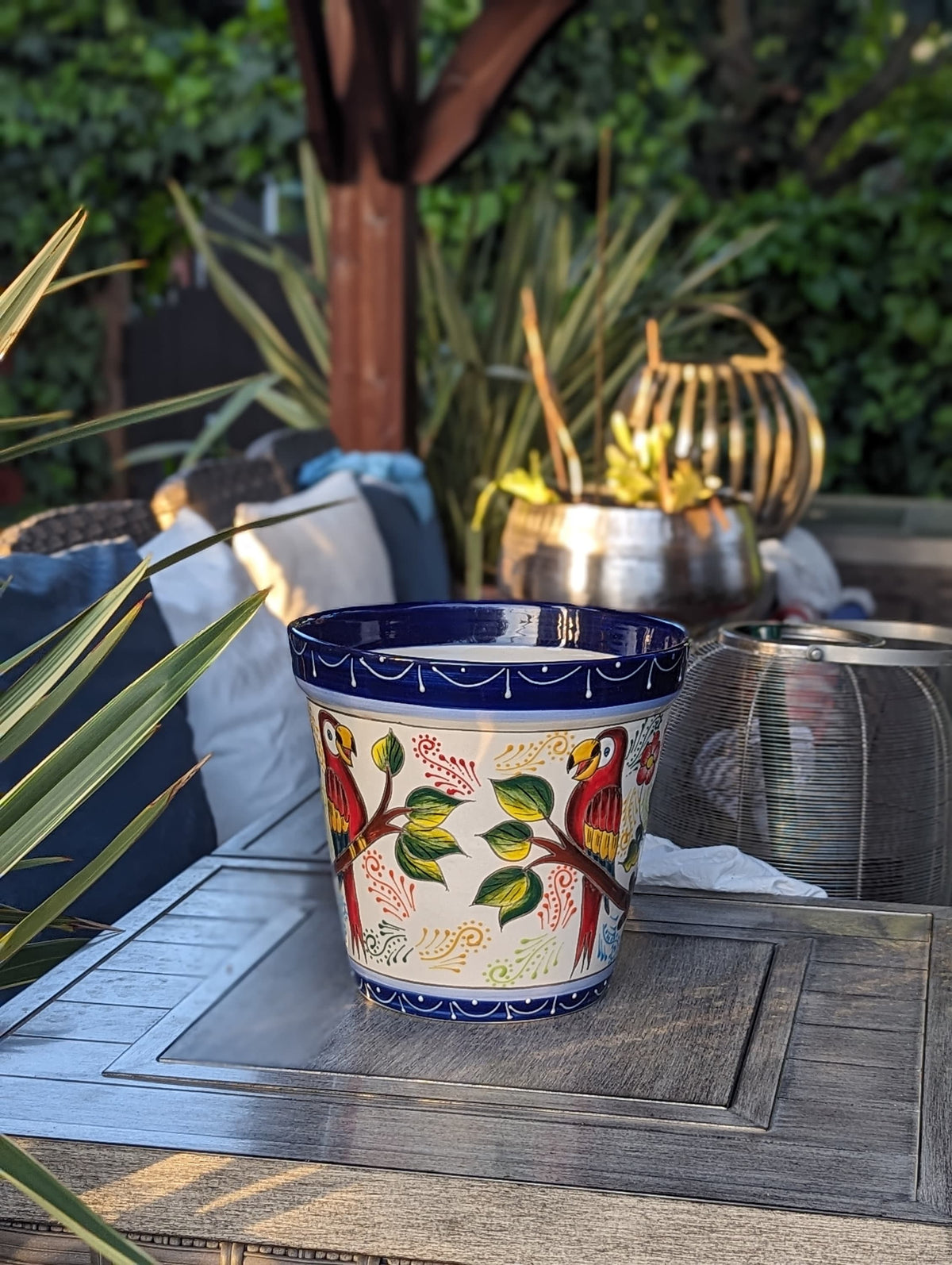 Parrots Flower Pot | 10.5" Round Ceramic Planter is Handmade Talavera Pottery - Use as Outdoor Garden Decor, Indoor Home Decor, Centerpiece