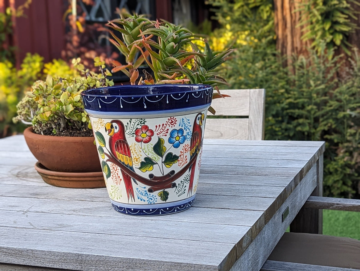 Parrots Flower Pot | 10.5" Round Ceramic Planter is Handmade Talavera Pottery - Use as Outdoor Garden Decor, Indoor Home Decor, Centerpiece