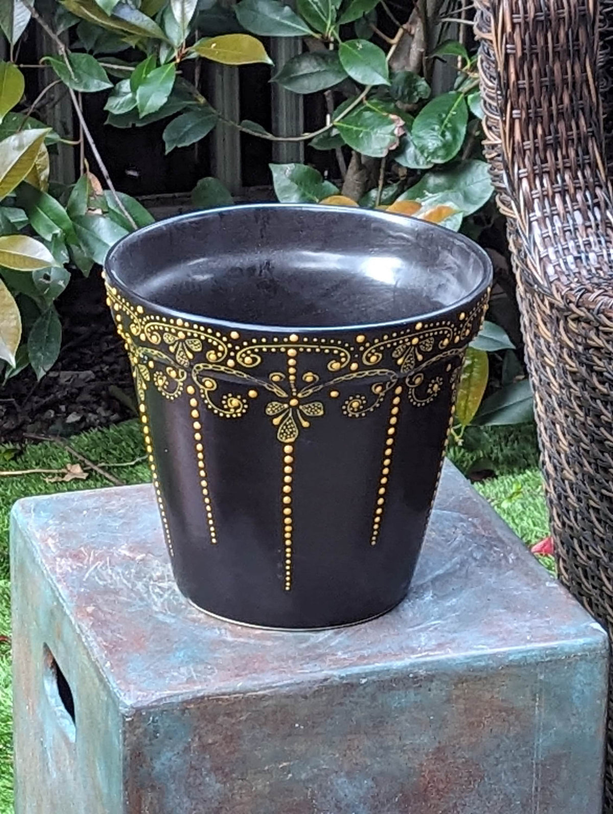 Black & Gold Flower Pot | 10.5" Round Ceramic Planter is Handmade Talavera Pottery for Outdoor Garden Decor, Indoor Home Decor, Centerpiece