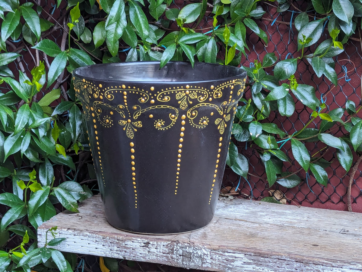 Black & Gold Flower Pot | 10.5" Round Ceramic Planter is Handmade Talavera Pottery for Outdoor Garden Decor, Indoor Home Decor, Centerpiece
