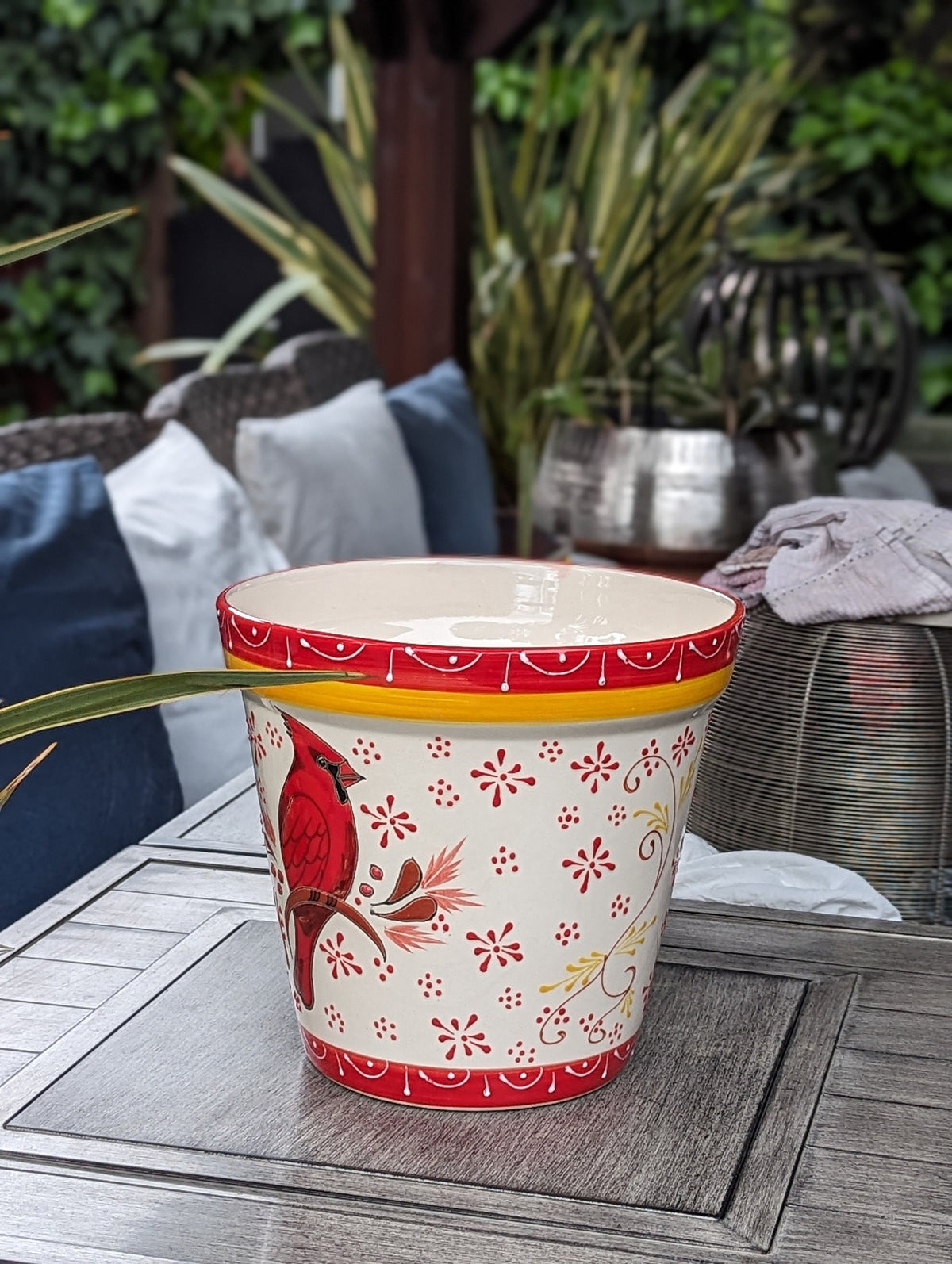 Cardinal Flower Pot | 10.5"Round Ceramic Planter is Handmade Mexican Pottery - Use as Outdoor Garden Decor, Indoor Home Decor, Centerpiece
