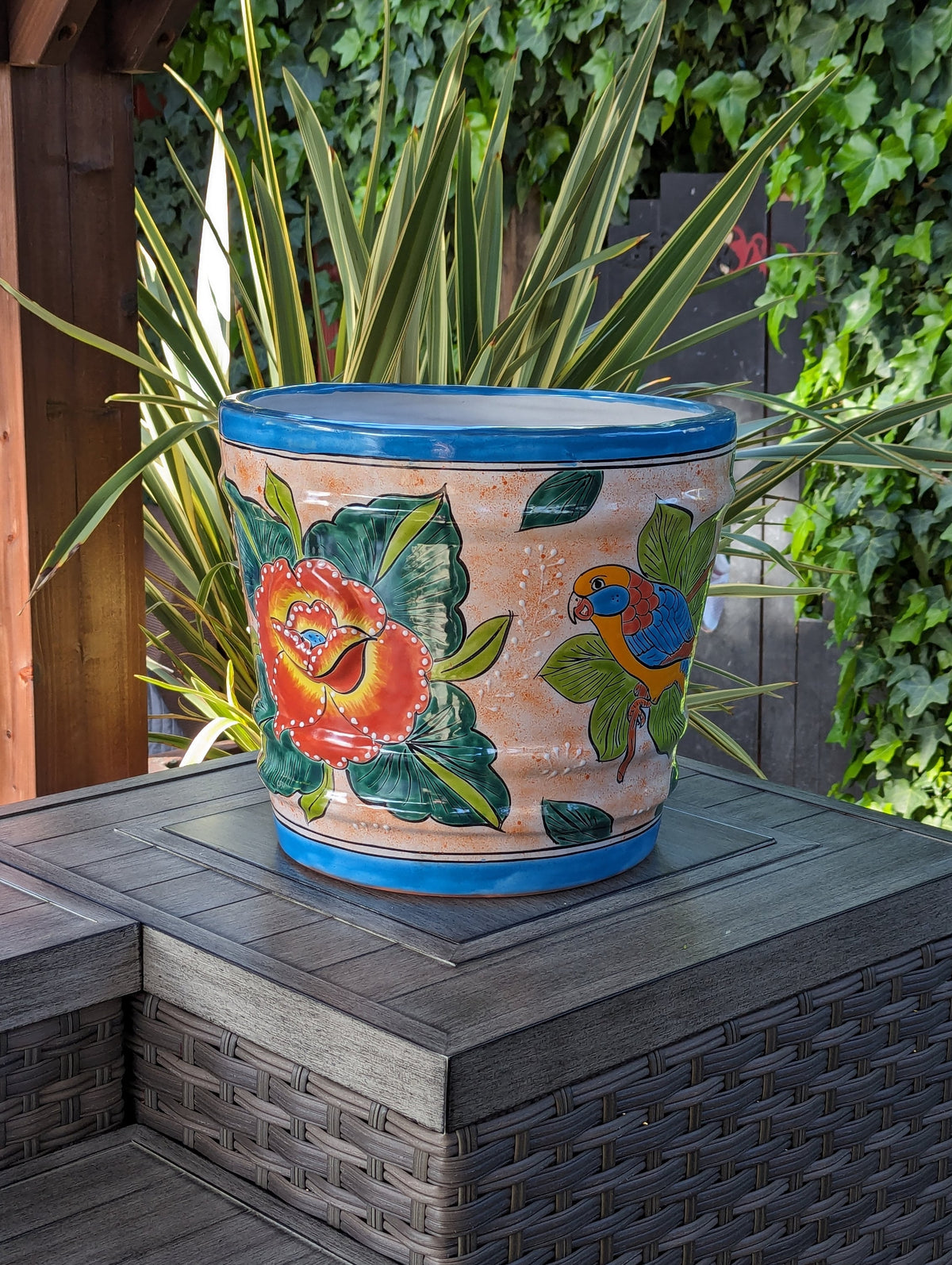 Parrot Flower Pot | 10.5" Round Ceramic Planter is Handmade Mexican Pottery for Outdoor Garden Decor, Indoor Home Decor, or Centerpiece