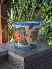 Parrot Flower Pot | 10.5" Round Ceramic Planter is Handmade Mexican Pottery for Outdoor Garden Decor, Indoor Home Decor, or Centerpiece