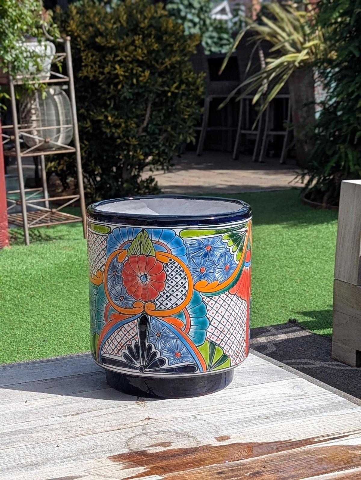 14" Tall Round Flower Pot is Colorful Talavera Ceramic Planter, Handmade Mexican Pottery | Garden Art, Home Decor or Housewarming Gift