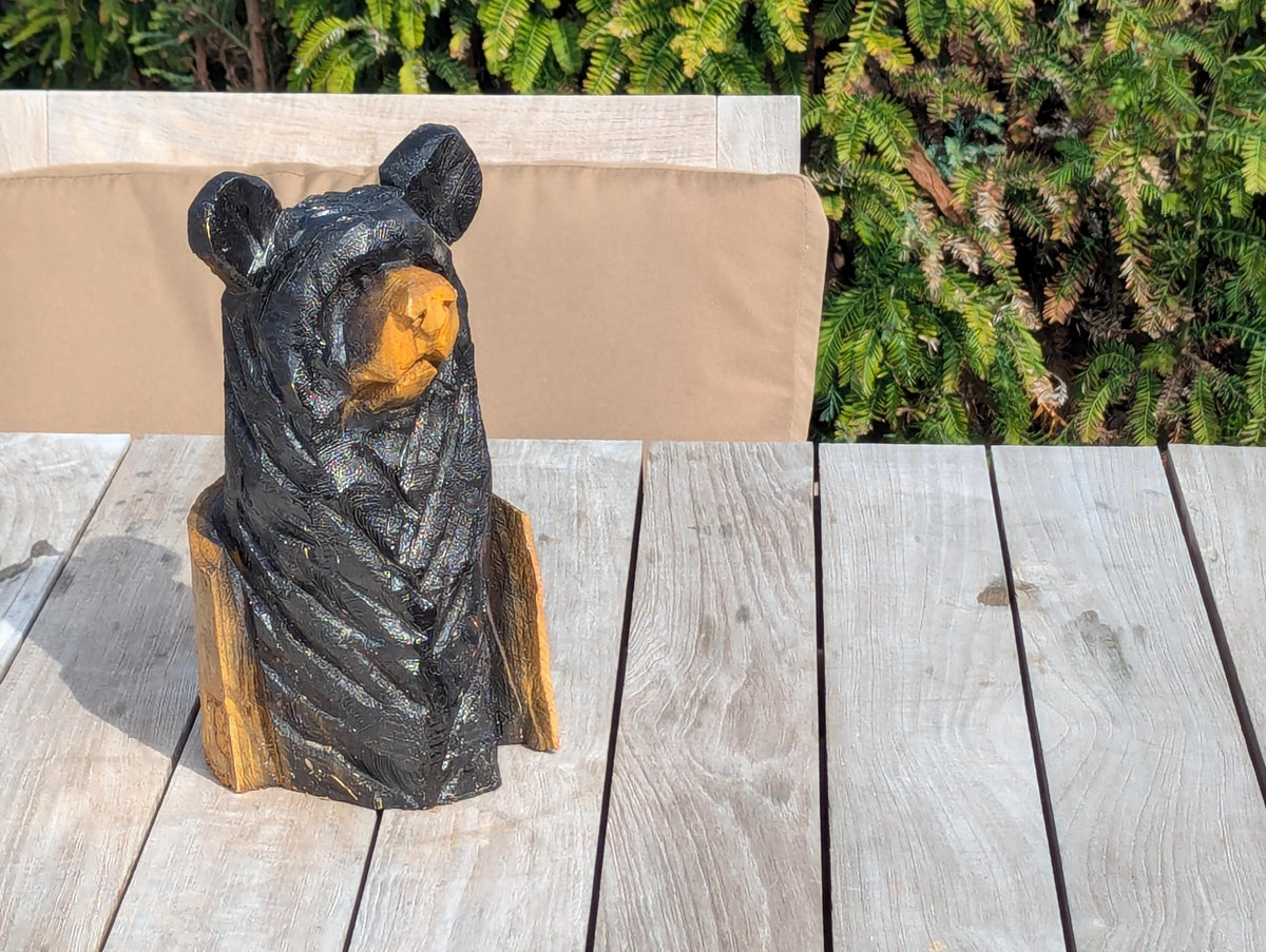 Black Bear Home Decor & Yard Art | Handmade by Chainsaw in Texas Wooden Statue for Your Kitchen Counter, Home Accent or Yard Art