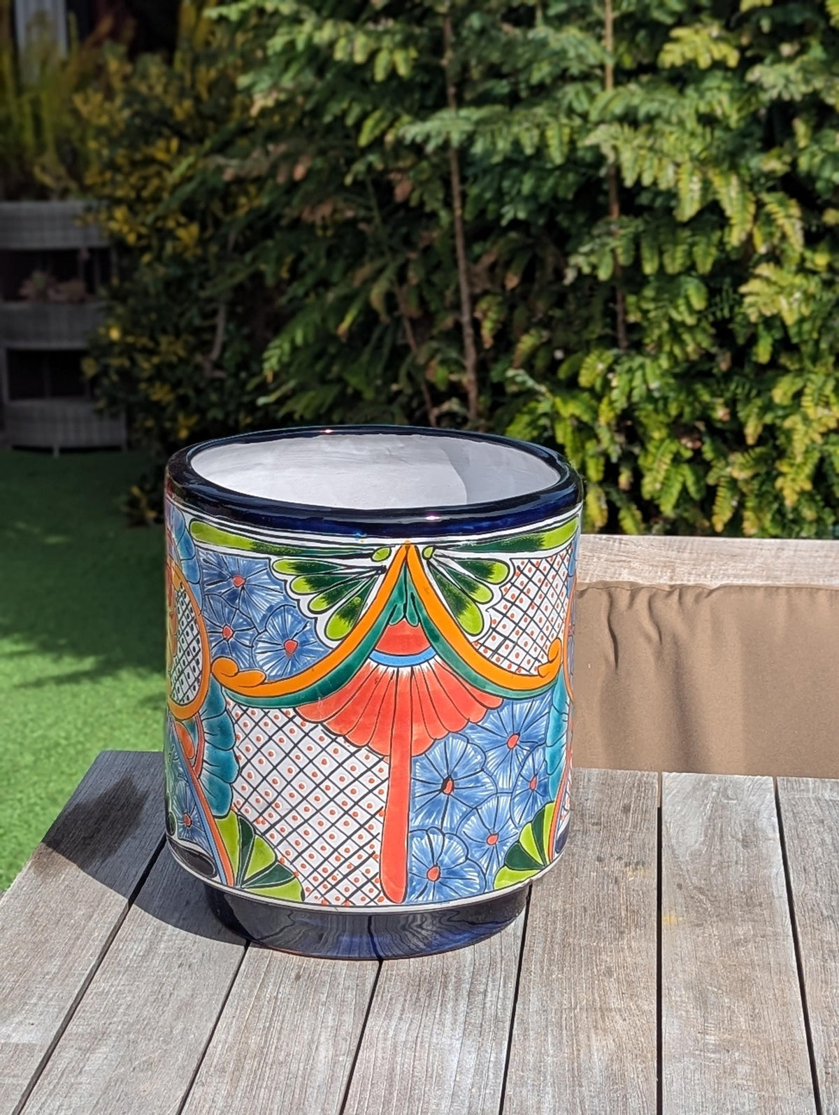 14" Tall Round Flower Pot is Colorful Talavera Ceramic Planter, Handmade Mexican Pottery | Garden Art, Home Decor or Housewarming Gift