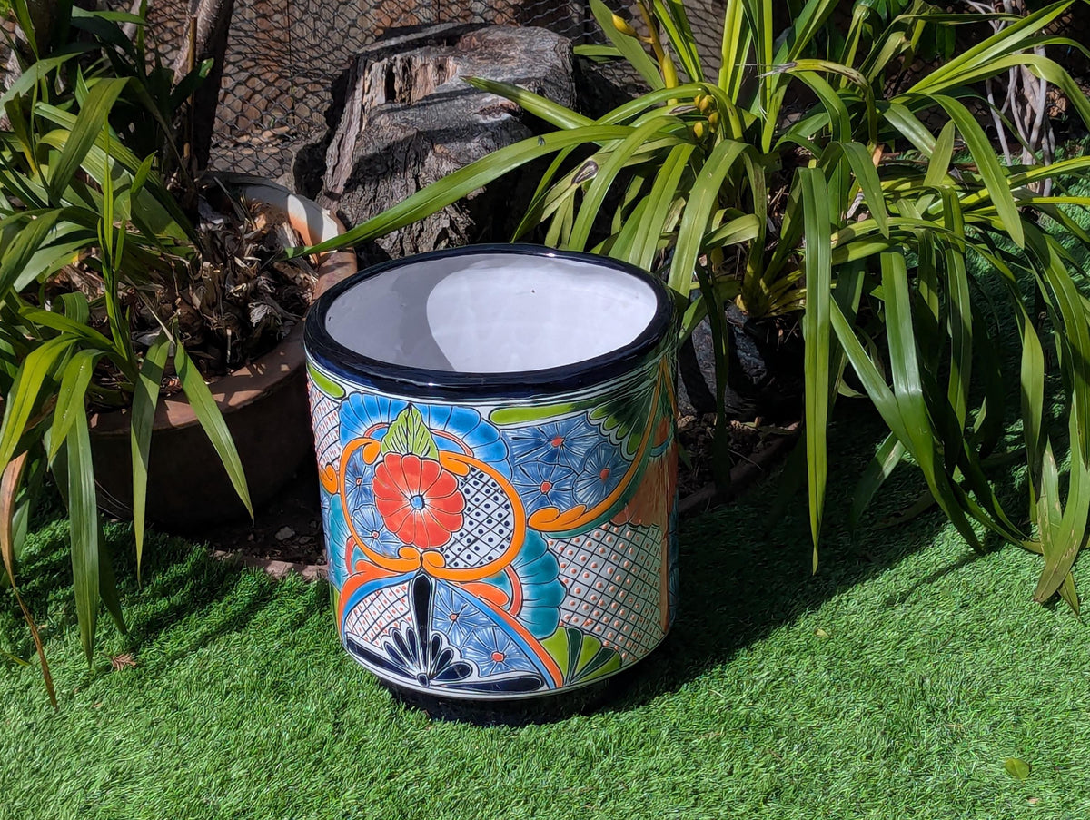 14" Tall Round Flower Pot is Colorful Talavera Ceramic Planter, Handmade Mexican Pottery | Garden Art, Home Decor or Housewarming Gift