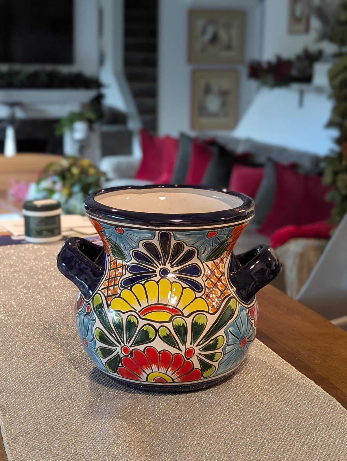 Colorful 10.5" Round Planter Talavera Ceramic Flower Pot | Handmade Mexican Pottery Outdoor Garden Decor or Indoor Home Decor, Unique Gift