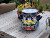 Colorful 10.5" Round Planter Talavera Ceramic Flower Pot | Handmade Mexican Pottery Outdoor Garden Decor or Indoor Home Decor, Unique Gift
