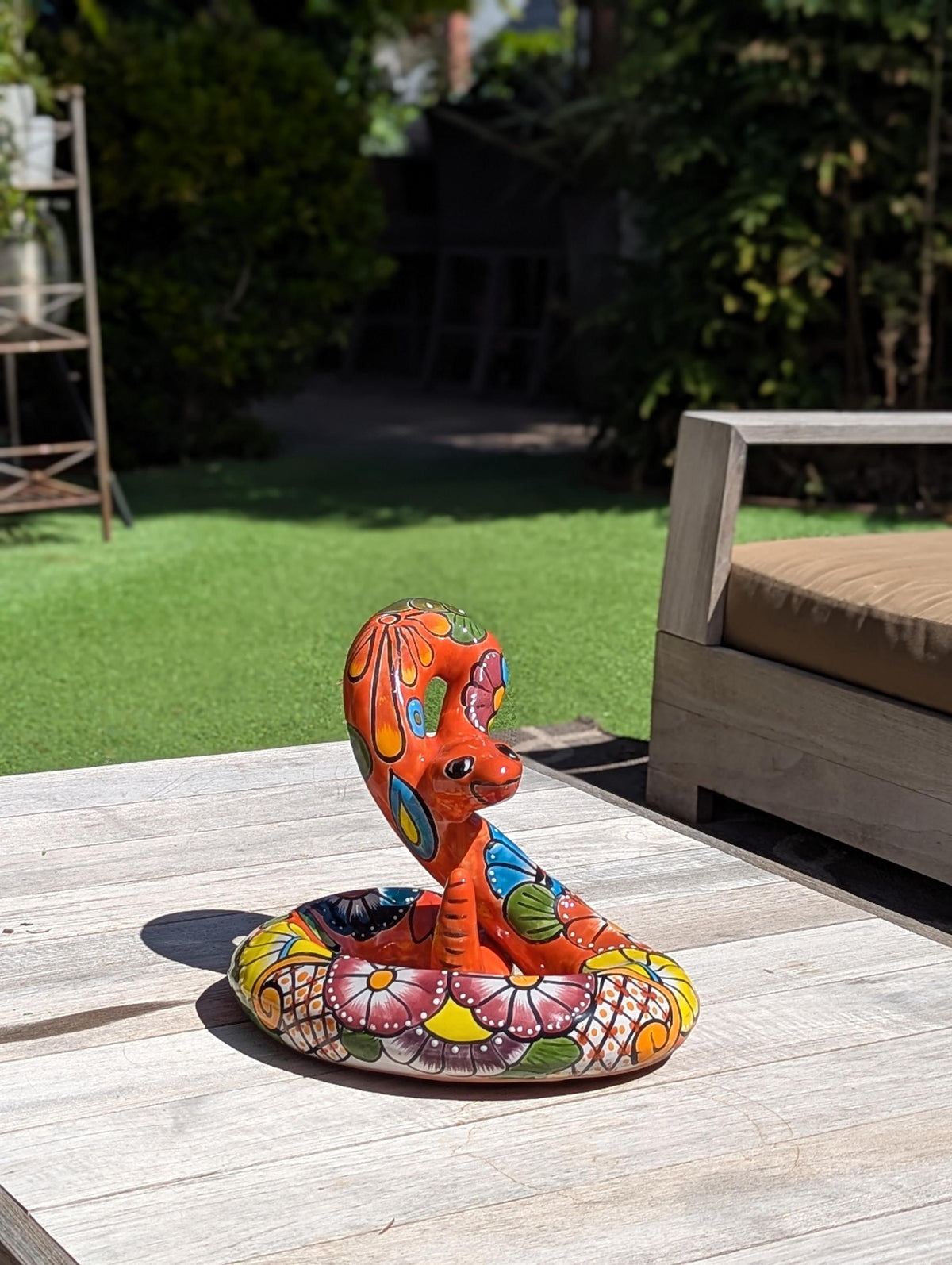 Talavera Rattlesnake Figurine Ceramic Mexican Pottery, Outdoor Snake Decor and Garden Statue Handmade in Mexico