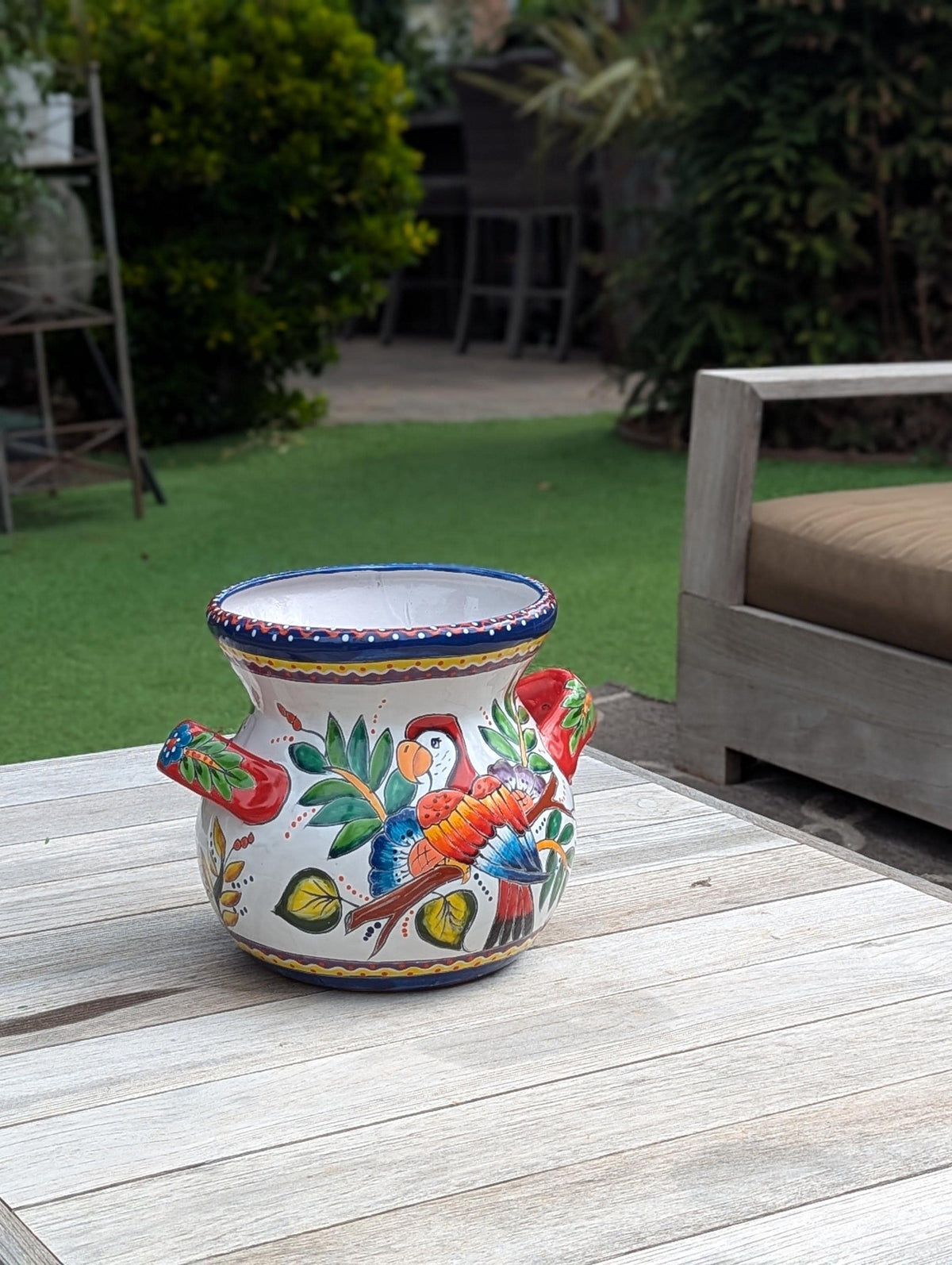 Parrot Planter Ceramic Flower Pot is 10.5" Round Handmade Mexican Talavera Pottery for Outdoor Garden Decor or Indoor Home Decor