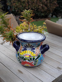 Colorful 10.5" Round Planter Talavera Ceramic Flower Pot | Handmade Mexican Pottery Outdoor Garden Decor or Indoor Home Decor, Unique Gift