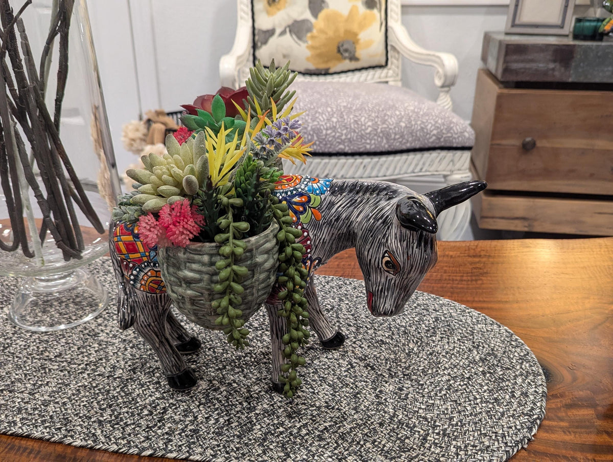 Handmade Talavera Donkey Planter is Mexican Pottery & Ceramic Plant Pot for Indoor Home Decor, Hand Painted Yard Art, Ships 10-1