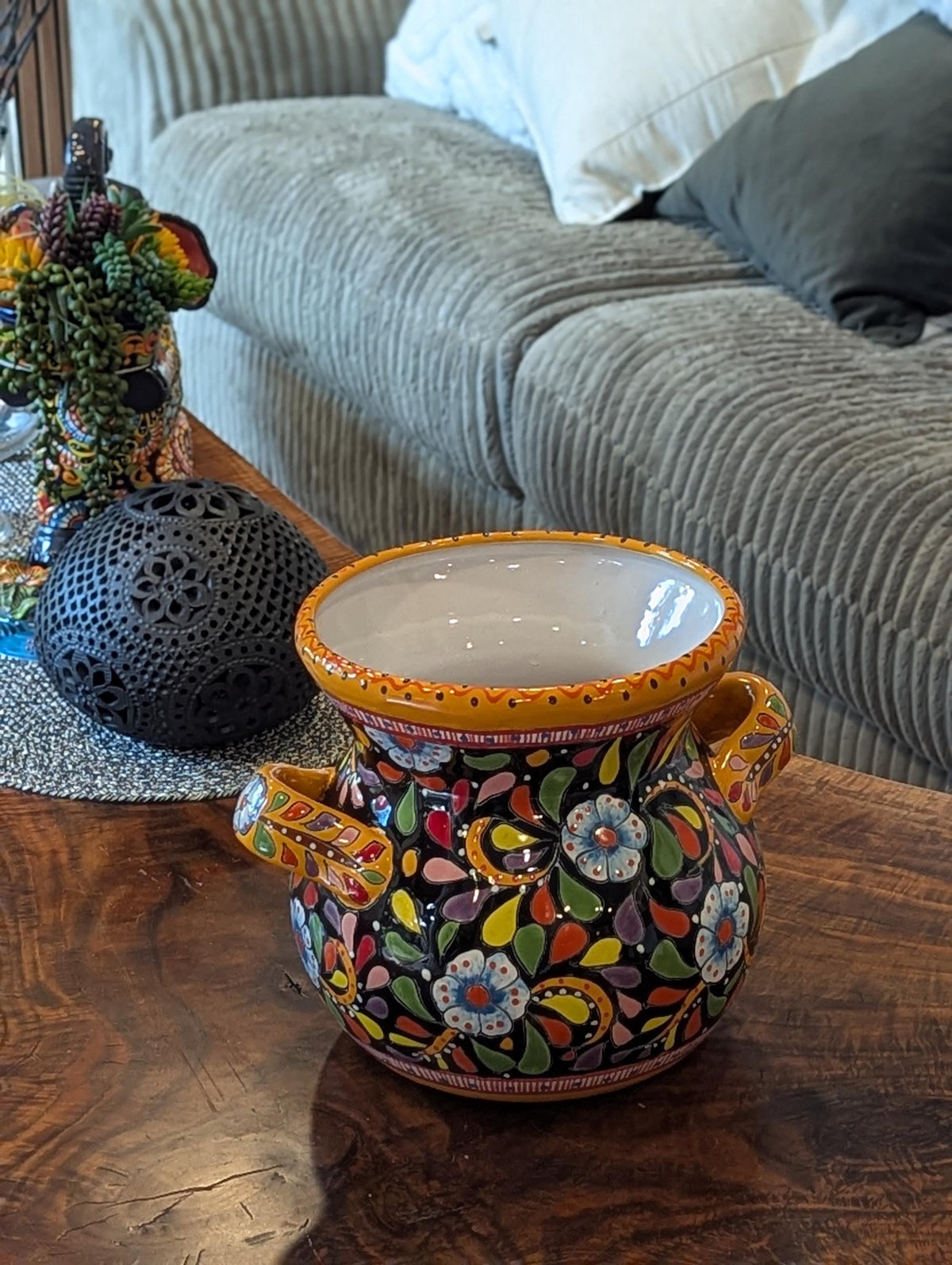 Colorful 10.5" Round Flower Pot, Talavera Ceramic Planter, Handmade Pottery is Outdoor Garden Decor, Indoor Home Decor