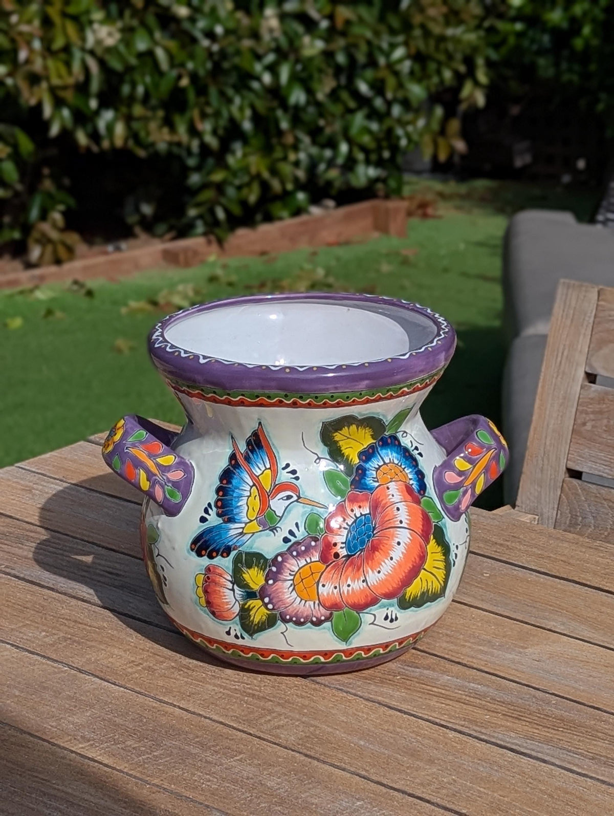 Hummingbirds Flower Pot 10.5" Round Talavera Ceramic Planter is Handmade Pottery for Outdoor Garden Decor or Indoor Home Decor