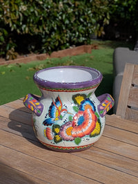 Hummingbirds Flower Pot 10.5" Round Talavera Ceramic Planter is Handmade Pottery for Outdoor Garden Decor or Indoor Home Decor