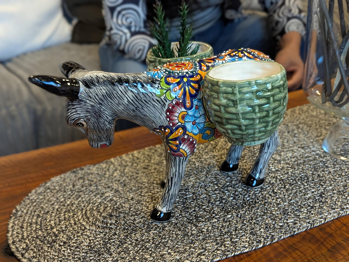 Handmade Talavera Donkey Planter is Mexican Pottery & Ceramic Plant Pot for Indoor Home Decor, Hand Painted Yard Art, Ships 10-1