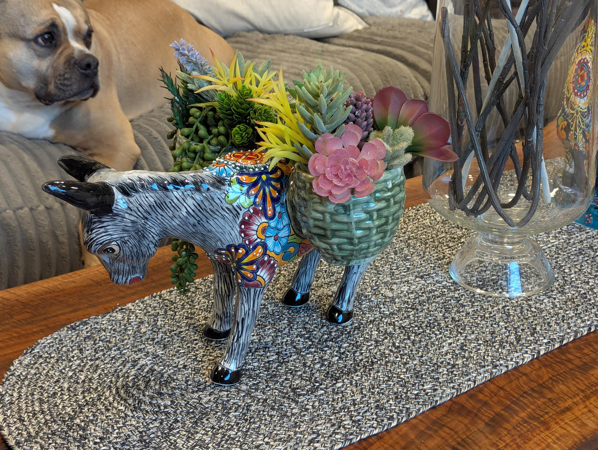 Handmade Talavera Donkey Planter is Mexican Pottery & Ceramic Plant Pot for Indoor Home Decor, Hand Painted Yard Art, Ships 10-1