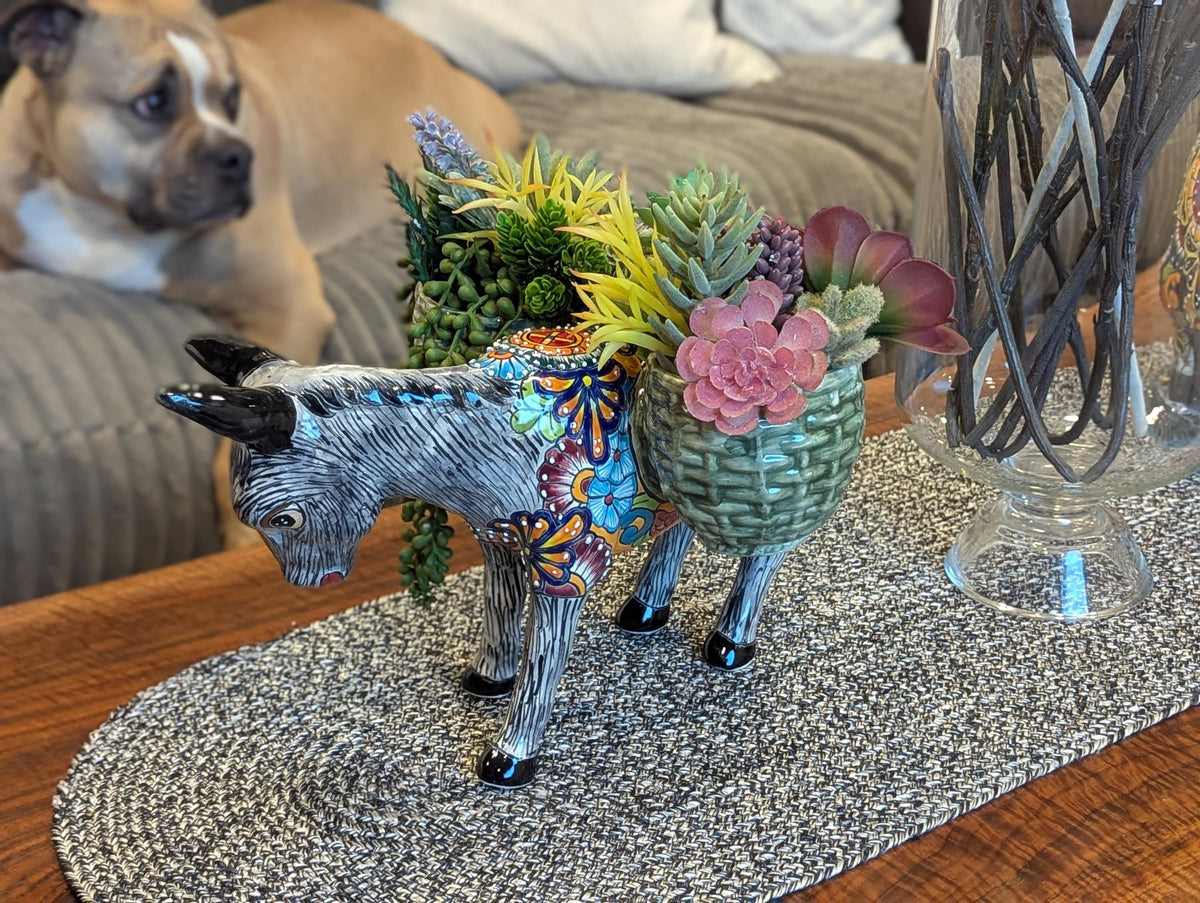 Handmade Talavera Donkey Planter is Mexican Pottery & Ceramic Plant Pot for Indoor Home Decor, Hand Painted Yard Art, Ships 10-1