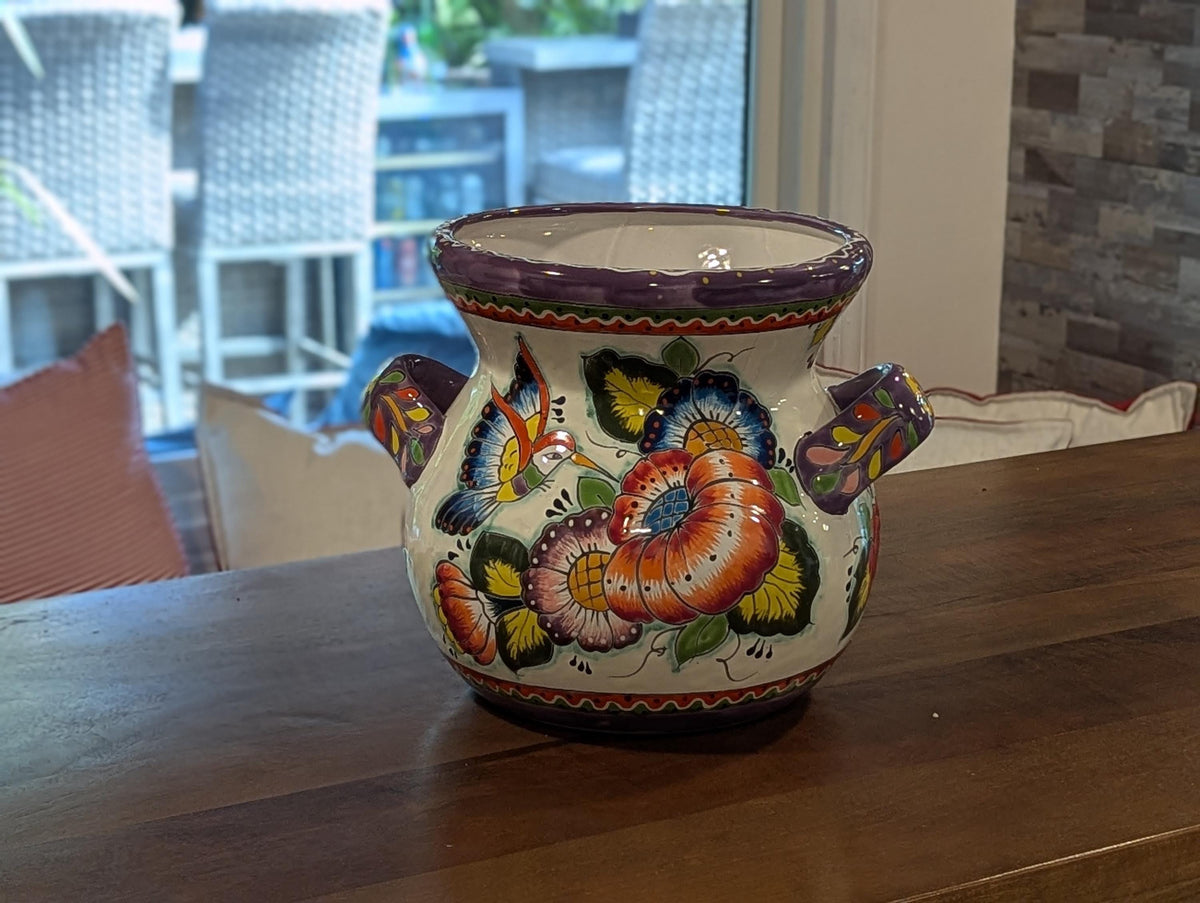 Hummingbirds Flower Pot 10.5" Round Talavera Ceramic Planter is Handmade Pottery for Outdoor Garden Decor or Indoor Home Decor