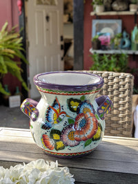 Hummingbirds Flower Pot 10.5" Round Talavera Ceramic Planter is Handmade Pottery for Outdoor Garden Decor or Indoor Home Decor