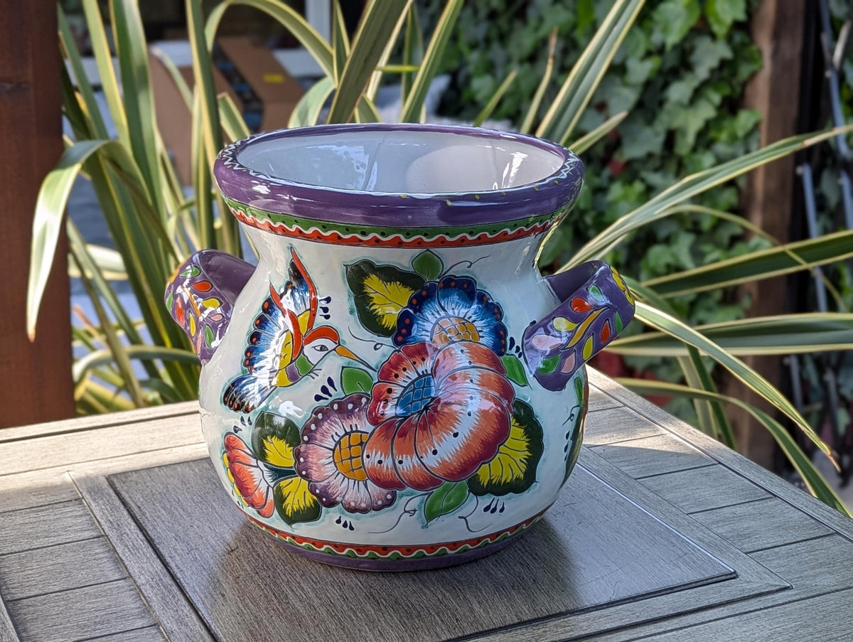Hummingbirds Flower Pot 10.5" Round Talavera Ceramic Planter is Handmade Pottery for Outdoor Garden Decor or Indoor Home Decor