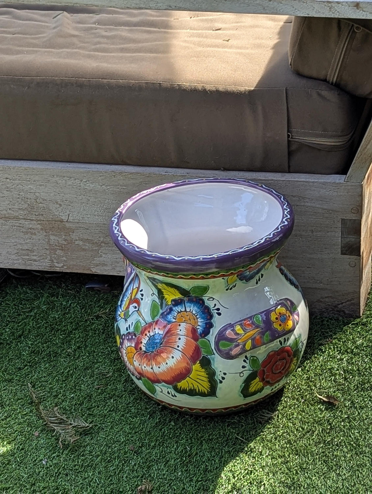 Hummingbirds Flower Pot 10.5" Round Talavera Ceramic Planter is Handmade Pottery for Outdoor Garden Decor or Indoor Home Decor