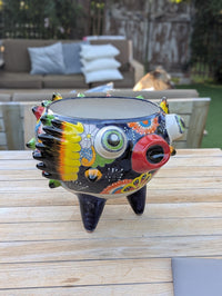 Blowfish Planter is Hand Painted Talavera Ceramic Mexican Pottery | Unique Planter Yard Art for Outdoor Garden Decor