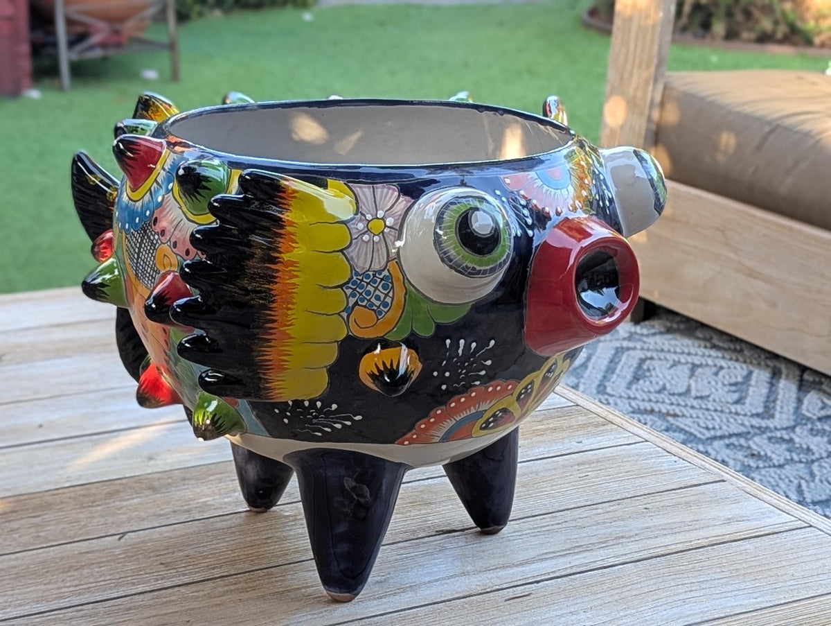 Blowfish Planter is Hand Painted Talavera Ceramic Mexican Pottery | Unique Planter Yard Art for Outdoor Garden Decor