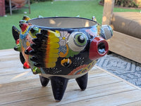 Blowfish Planter is Hand Painted Talavera Ceramic Mexican Pottery | Unique Planter Yard Art for Outdoor Garden Decor