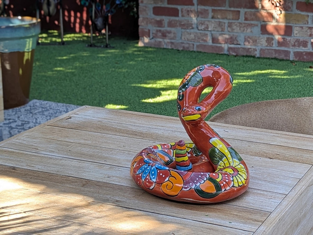 Rattlesnake Figurine is Ceramic Talavera Mexican Pottery | Outdoor Snake Decor, Garden Statue, Yard Art, Home Decor, Handmade in Mexico