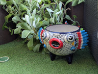 Blowfish Planter is Hand Painted Ceramic Talavera Mexican Pottery | Unique Planter Yard Art for Outdoor Garden Decor